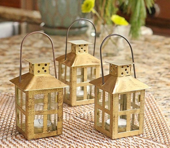 Kate Aspen Vintage-Look Small Distressed Gold-Colored-Metal Lantern