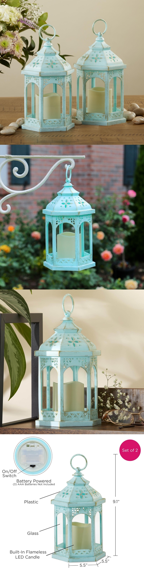 Kate Aspen LED Vintage Hexagon Distressed Blue Lanterns (Set of 2)