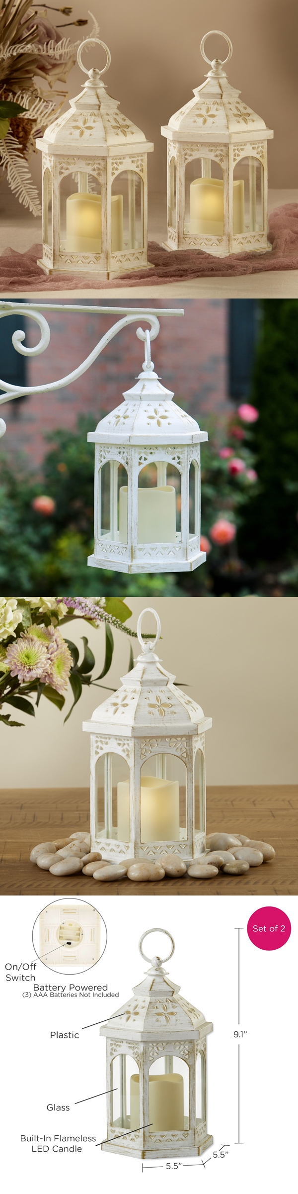 Kate Aspen LED Vintage Hexagon Distressed White Lanterns (Set of 2)