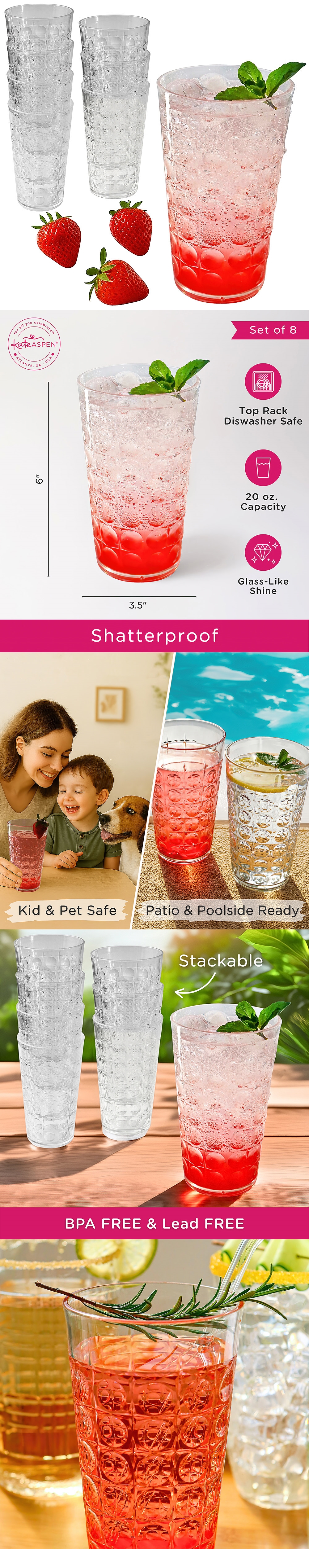 Kate Aspen 20oz Hobnail-Bubble Clear-Colored Shatterpoof Acrylic Cups (Set of 8)