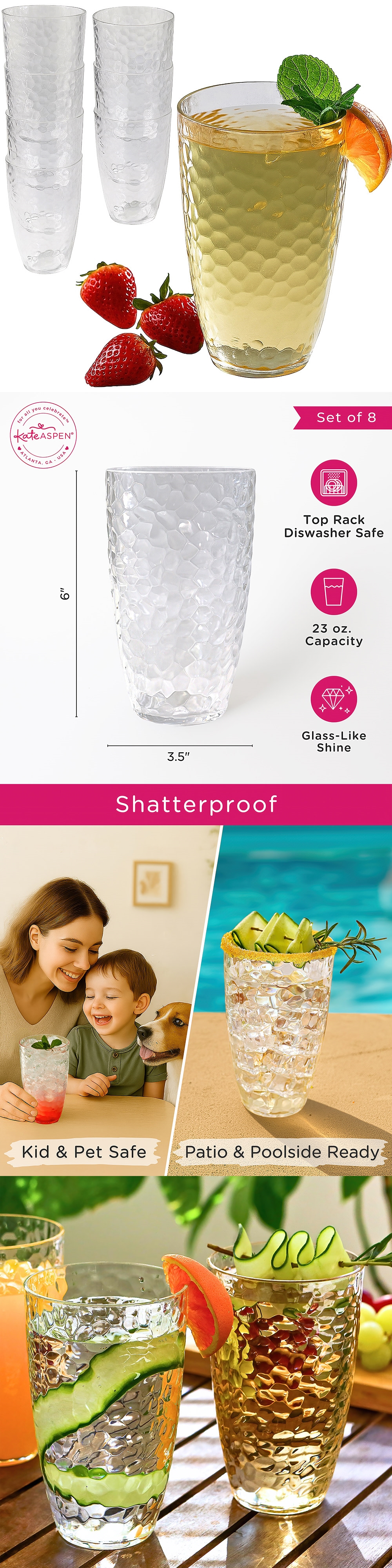 Kate Aspen 23oz Hammered-Finish Clear-Colored Shatterpoof Acrylic Cups (Set of 8)
