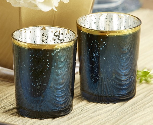 Kate Aspen Blue Mercury-Glass Gold-Rimmed Tea Light Holders (Set of 4)