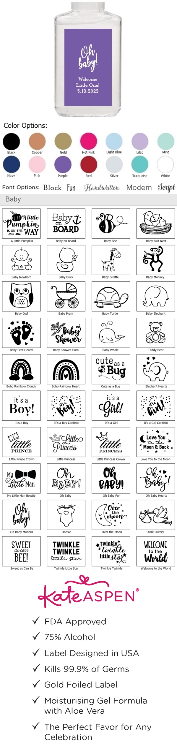 2oz Hand Sanitizers with Personalized Baby Shower Stickers (Set of 12)