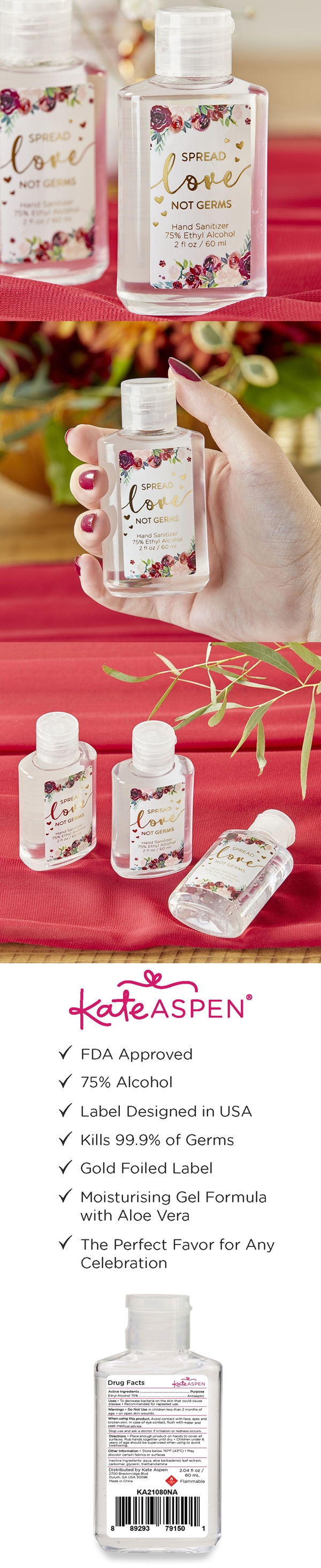 Kate Aspen 2 oz Hand Sanitizer with Burgundy Blush Sticker (Set of 12)