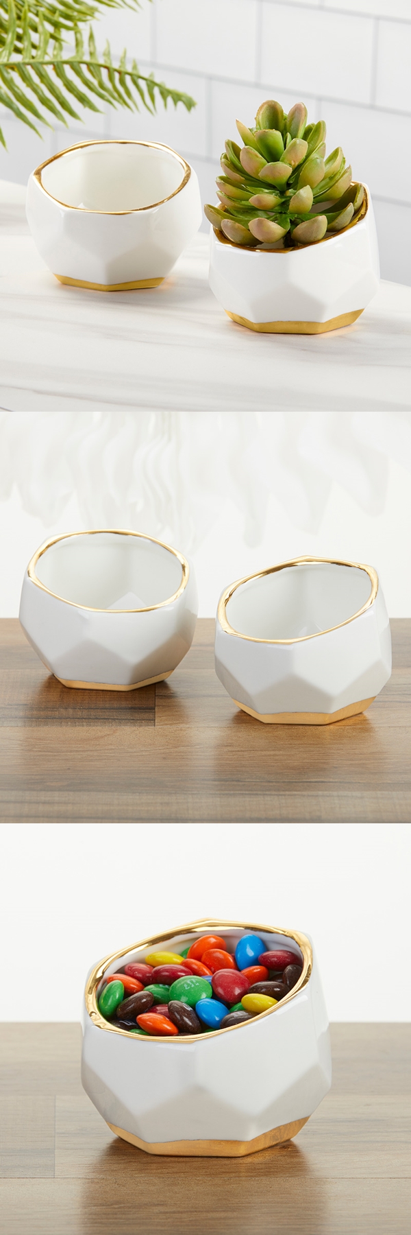 Kate Aspen Set of 2 Small Geometric Ceramic Planters w/ Gold Foil Rims