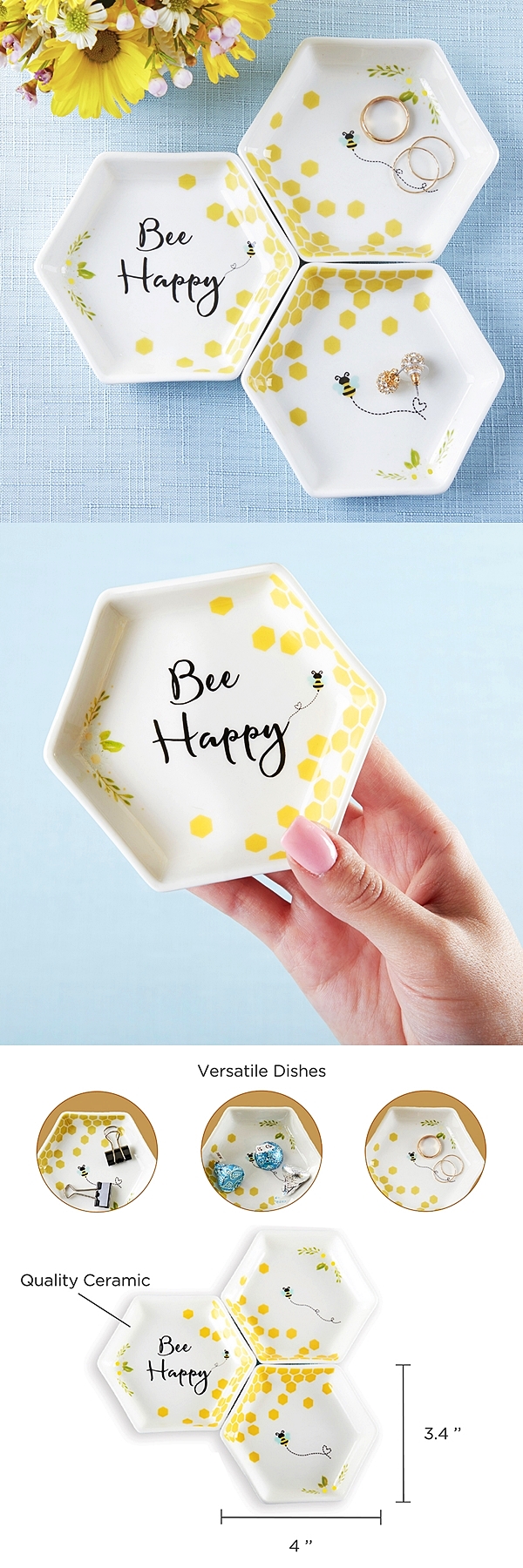 Kate Aspen "Bee Happy" Ceramic Trinket Dishes (Set of 3)