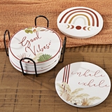 Kate Aspen Boho Chic Ceramic Coasters with Holder (Assorted Set of 6)
