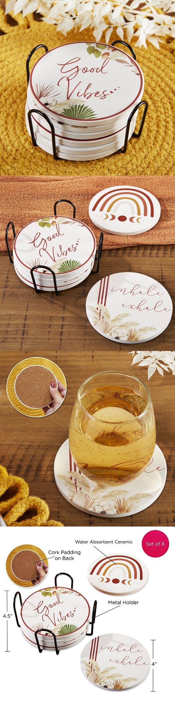 Kate Aspen Boho Chic Ceramic Coasters with Holder (Assorted Set of 6)