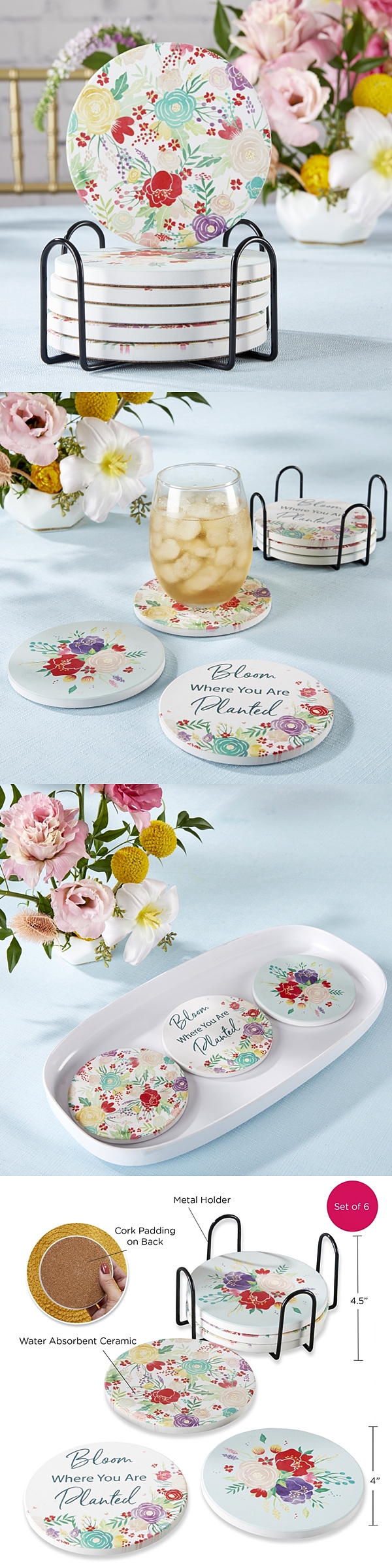 Kate Aspen Garden Blooms Ceramic Coasters & Holder (Assorted Set of 6)