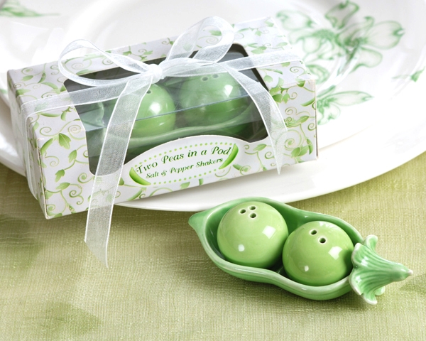 Two Peas in a Pod Ceramic Salt & Pepper Shakers in Ivy Print Gift Box