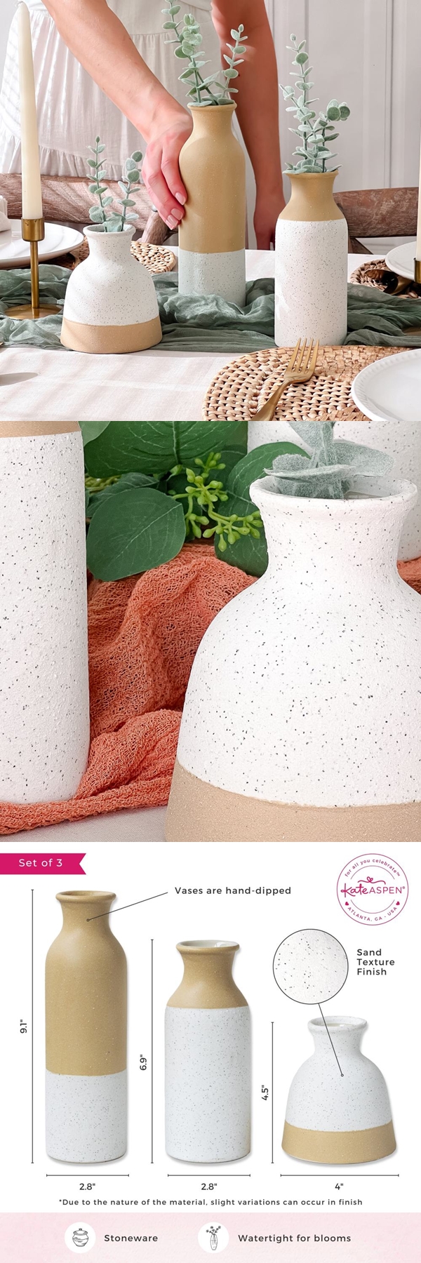 Kate Aspen Modern Farmhouse Hand-Dipped Sand-Texture Vases (Set of 3)