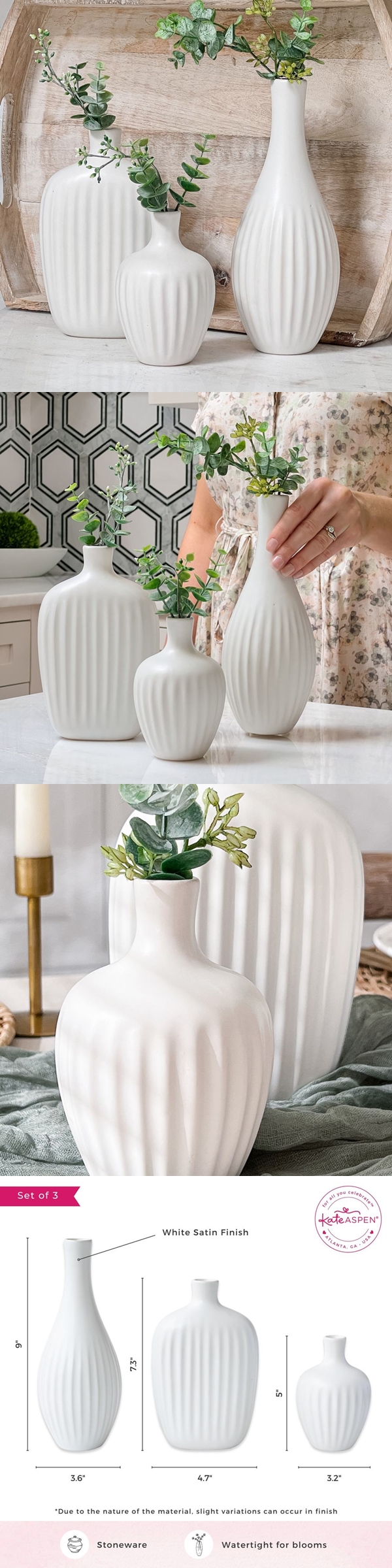Kate Aspen White Satin Textured Ceramic Minimalist Vase (Set of 3)
