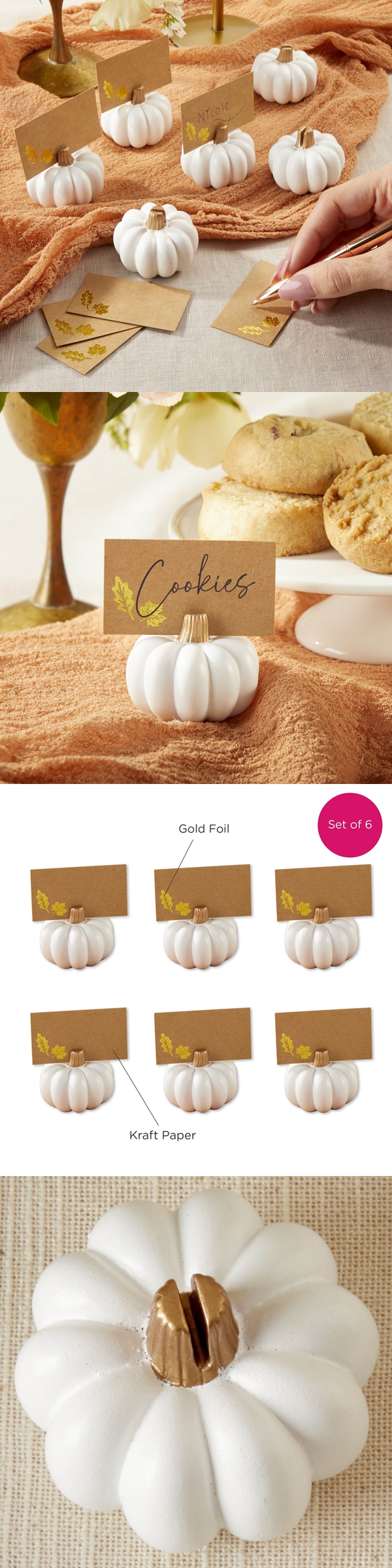 Kate Aspen White Pumpkin Place Card Holders with Gold Stems (Set of 6)