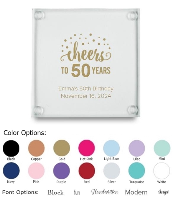 Cheers to X Years Dots Design Personalized Glass Coasters (Set of 12)
