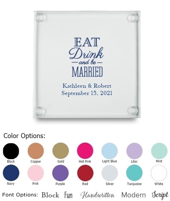 Eat, Drink & Be Married Motif Personalized Glass Coasters (Set of 12)