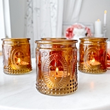 Vintage-Design Embossed Amber Glass Tealight Candle Holders (Set of 4)