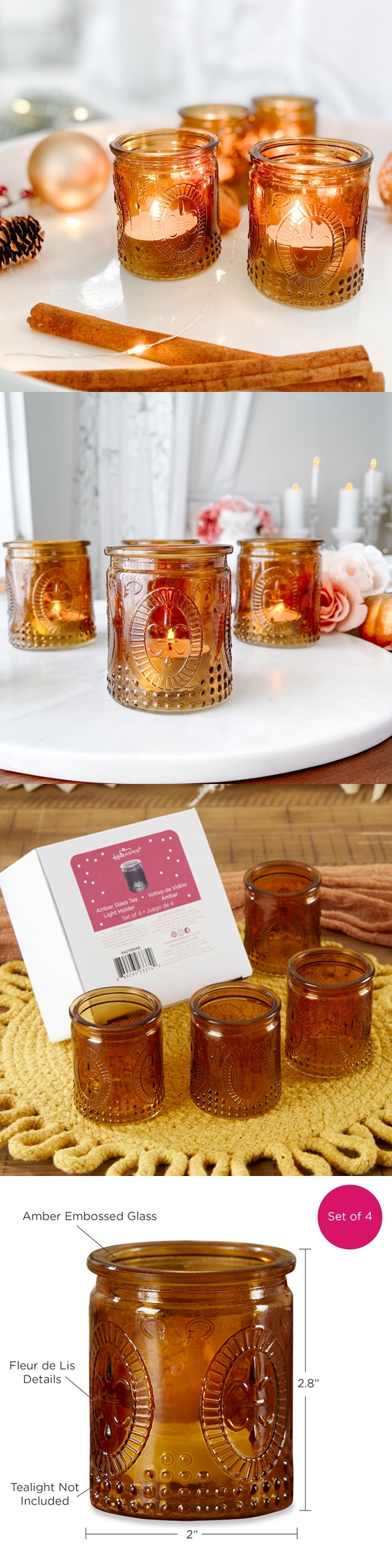 Vintage-Design Embossed Amber Glass Tealight Candle Holders (Set of 4)