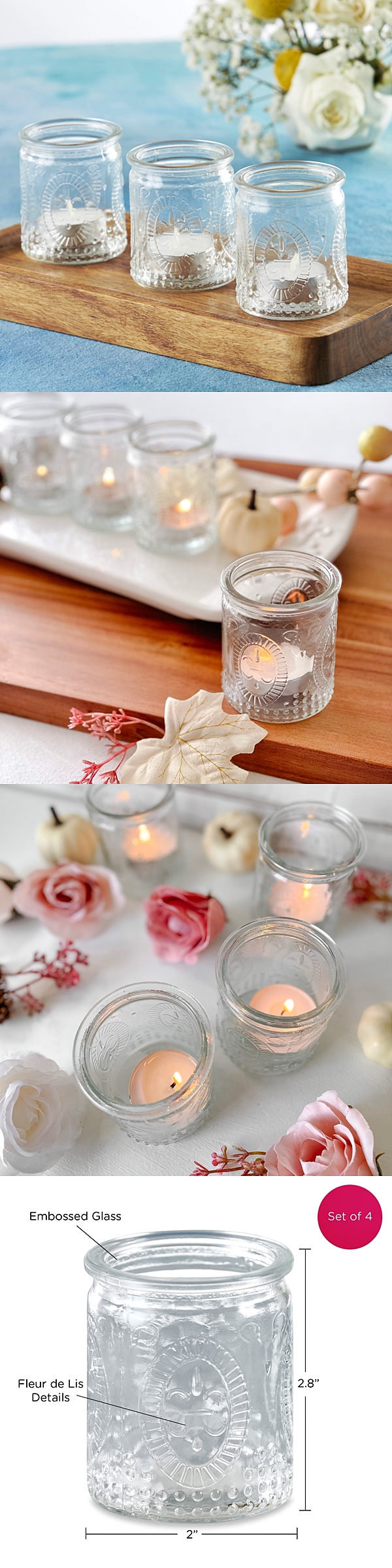 Vintage-Design Embossed Clear Glass Tealight Candle Holders (Set of 4)