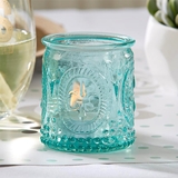 Vintage-Design-Embossed Blue Glass Tea Light Candle Holders (Set of 8)
