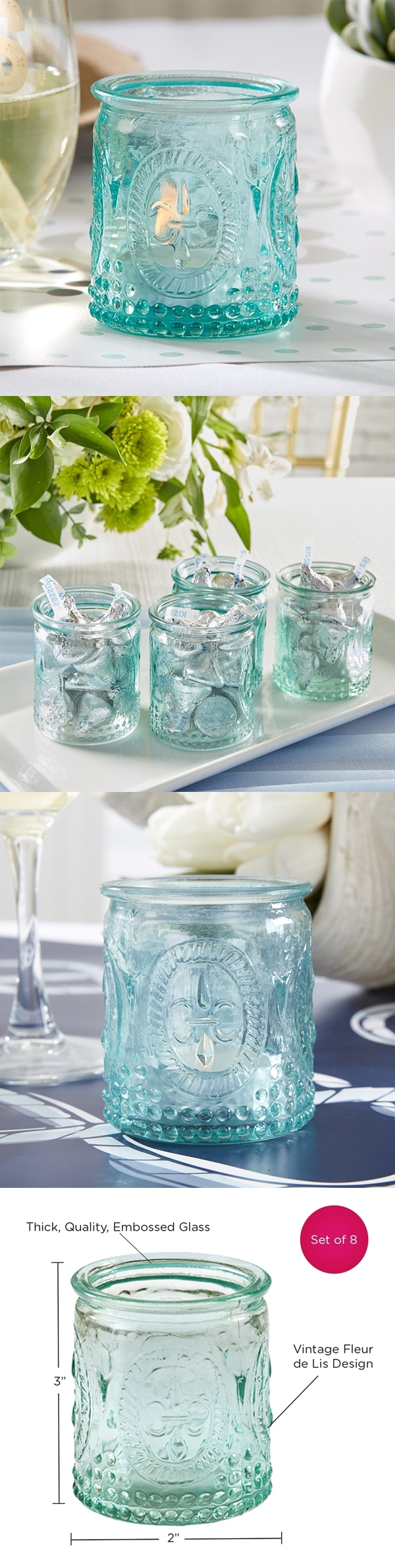 Vintage-Design Embossed Blue Glass Tea Light Candle Holders (Set of 8)