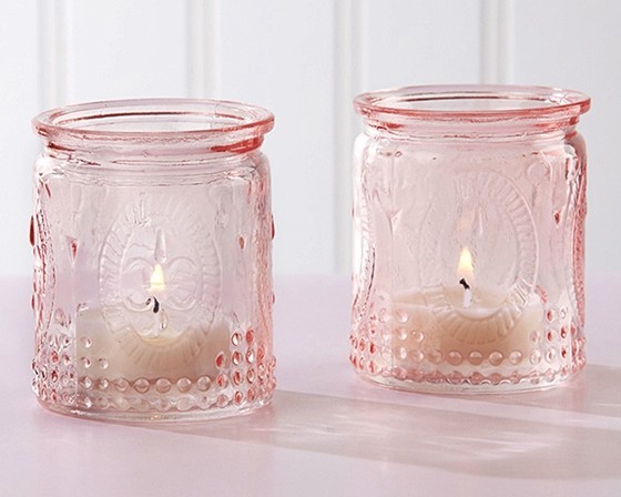 Vintage-Design Embossed Pink Glass Tea Light Candle Holders (Set of 4)