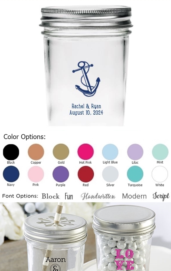 Kate Aspen Personalized Anchor & Rope Design Mason Jars (Set of 12)