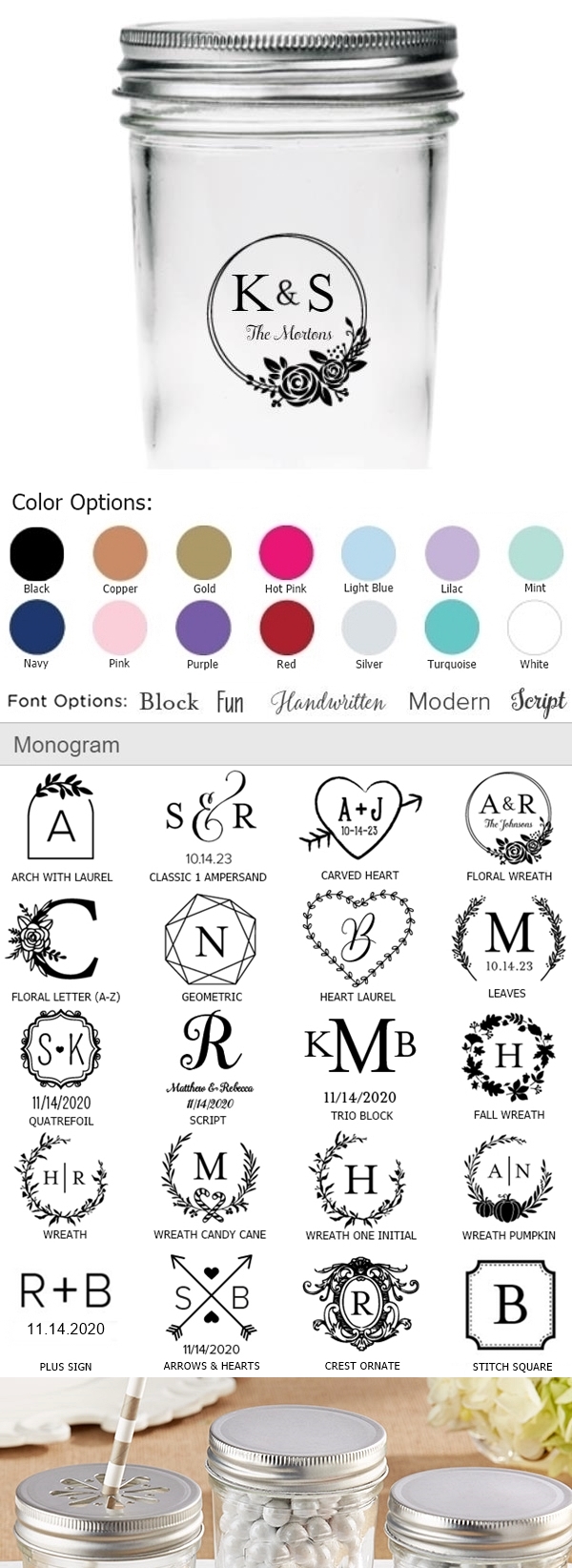 Kate Aspen Personalized Mason Jars with Monogram Designs (Set of 12)