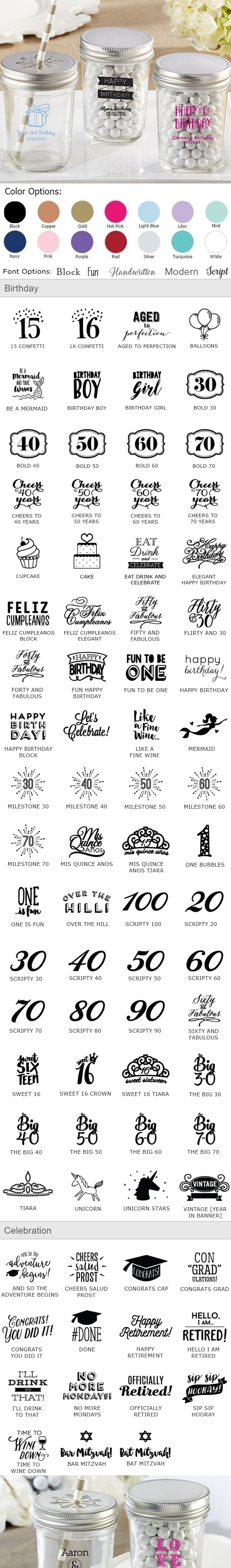 Personalized Printed 8oz Mason Jars with Birthday Designs (Set of 12)