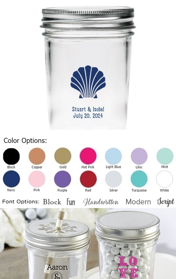 Kate Aspen Personalized Seashell Design 8oz Mason Jars (Set of 12)