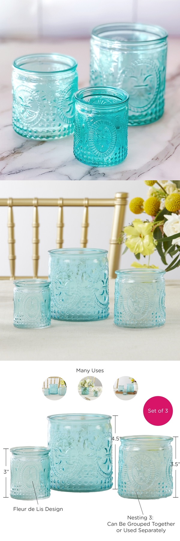 Kate Aspen Nesting Vintage-Look Blue Glass Tealight Holders (Set of 3)