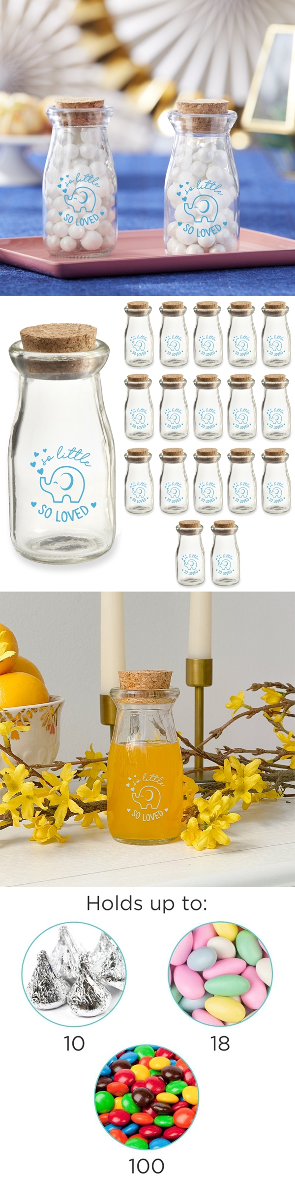 Vintage Milk Bottle Jars with Cute Blue Elephant Design (Set of 18)