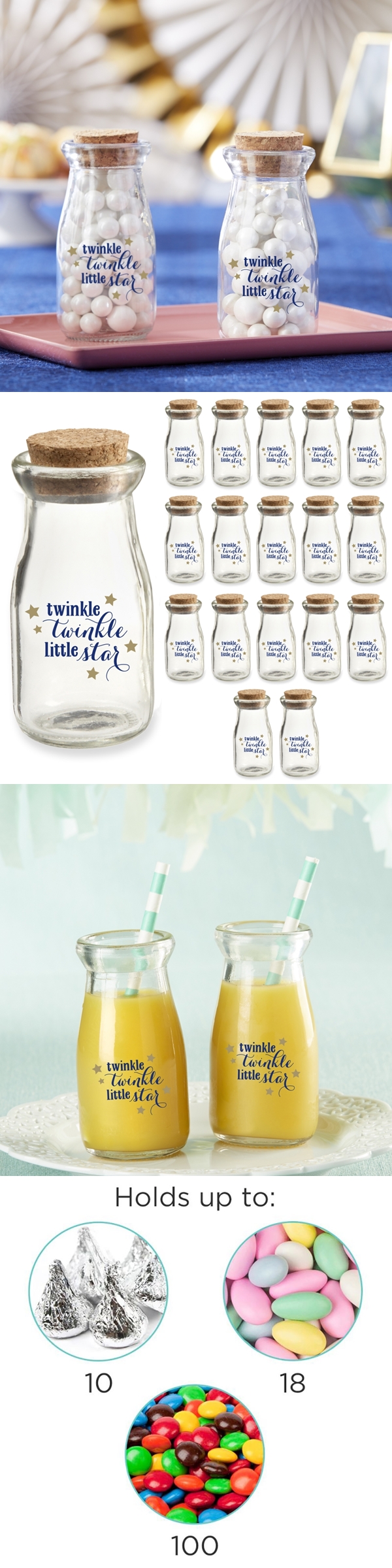 Vintage Milk Bottle Jars with Cute Twinkle Twinkle Design (Set of 18)