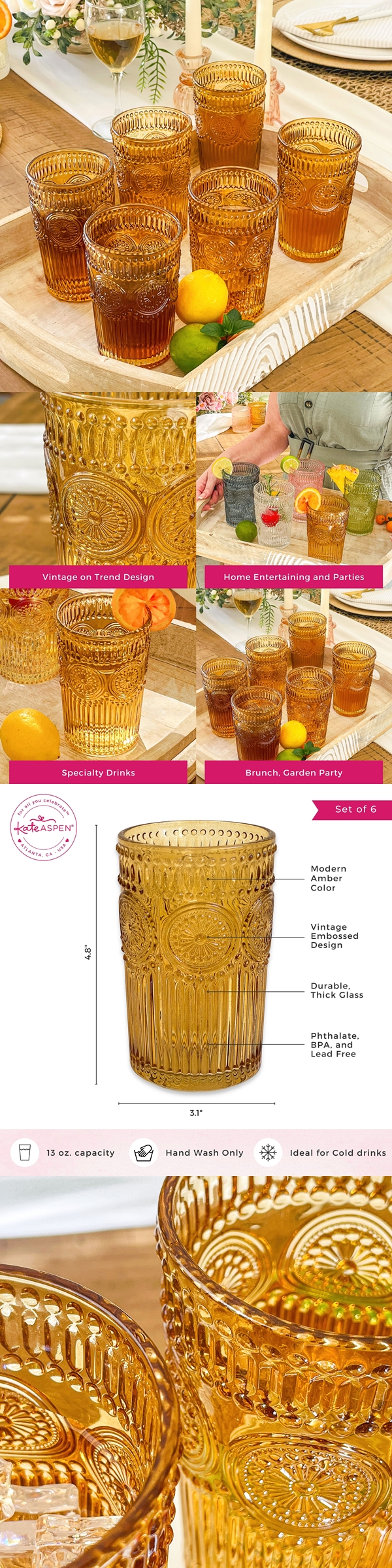 Kate Aspen 13oz Vintage-Inspired Textured Amber Glasses (Set of 6)