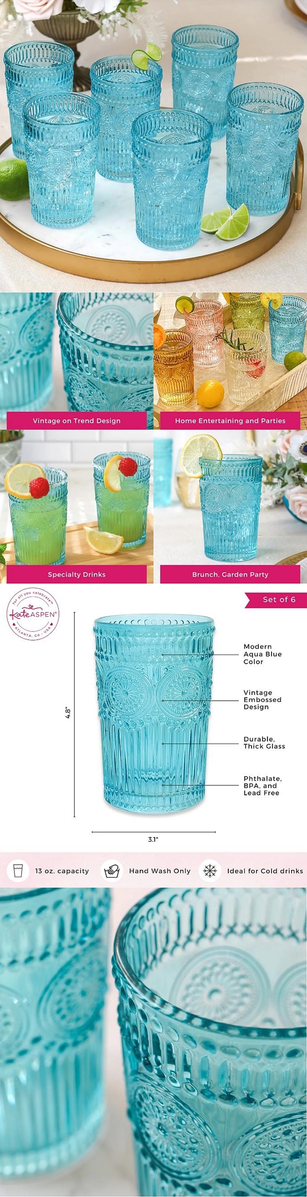 Kate Aspen 13oz Vintage-Inspired Textured Aqua Glasses (Set of 6)