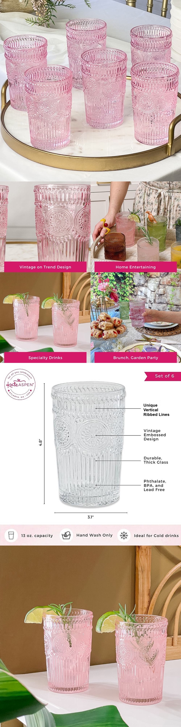 Kate Aspen 13oz Vintage-Inspired Textured Blush Pink Glass (Set of 6)