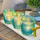 Kate Aspen Ribbed Blue-Colored Glass Votive Candle Holders (Set of 6)