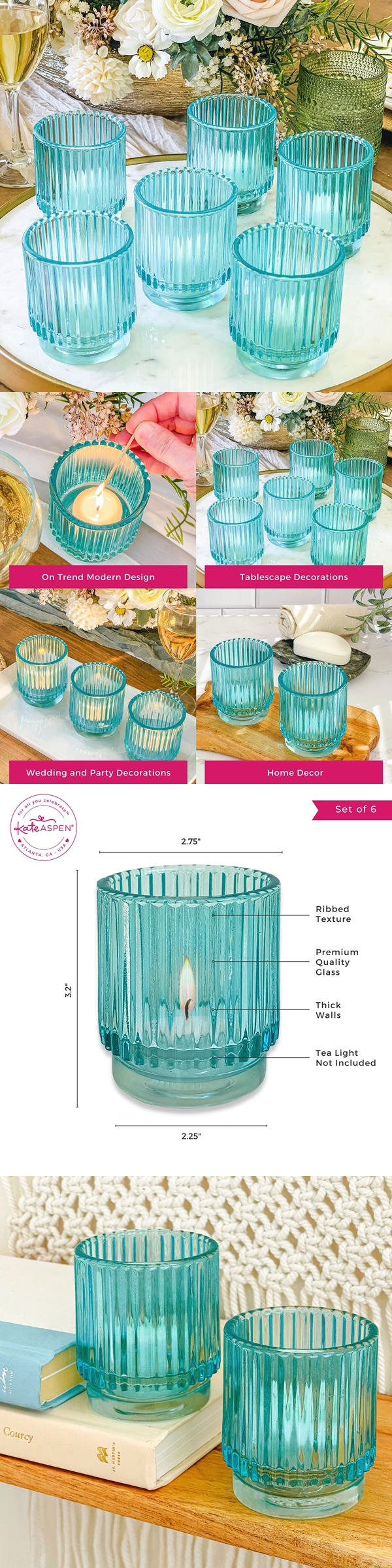 Kate Aspen Ribbed Blue-Colored Glass Votive Candle Holders (Set of 6)