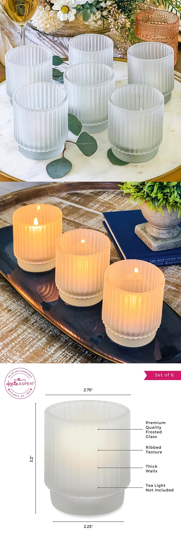 Kate Aspen Ribbed Frosted Glass Votive Candle Holders (Set of 6)