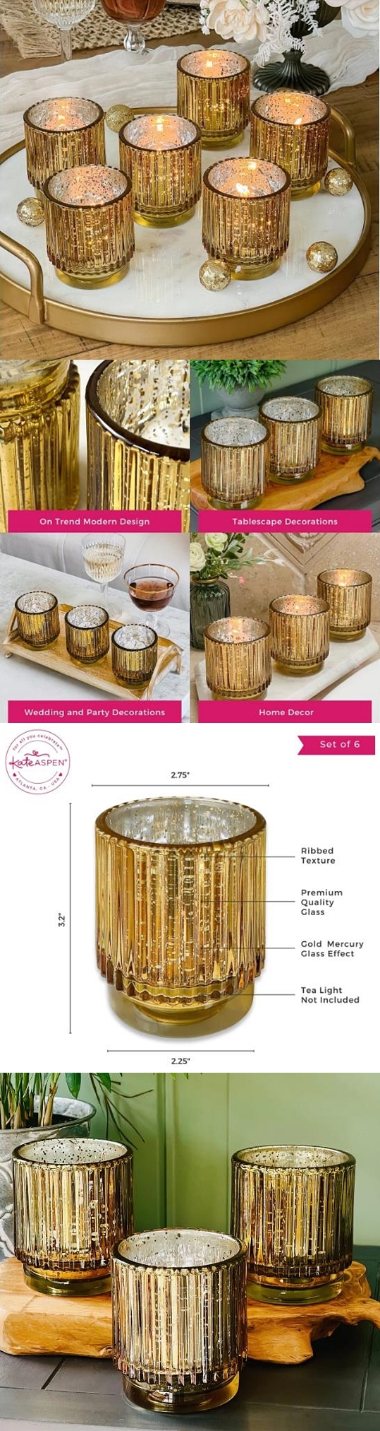 Kate Aspen Ribbed Gold-Colored Glass Votive Candle Holders (Set of 6)