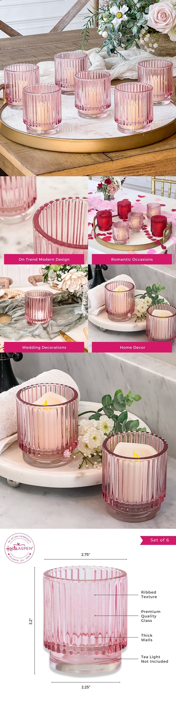 Kate Aspen Ribbed Pink-Colored Glass Votive Candle Holders (Set of 6)