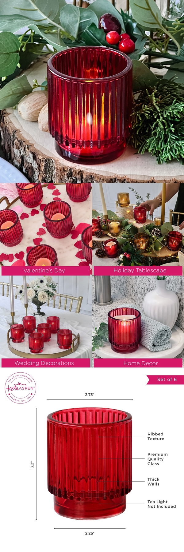 Kate Aspen Ribbed Red-Colored Glass Votive Candle Holders (Set of 6)