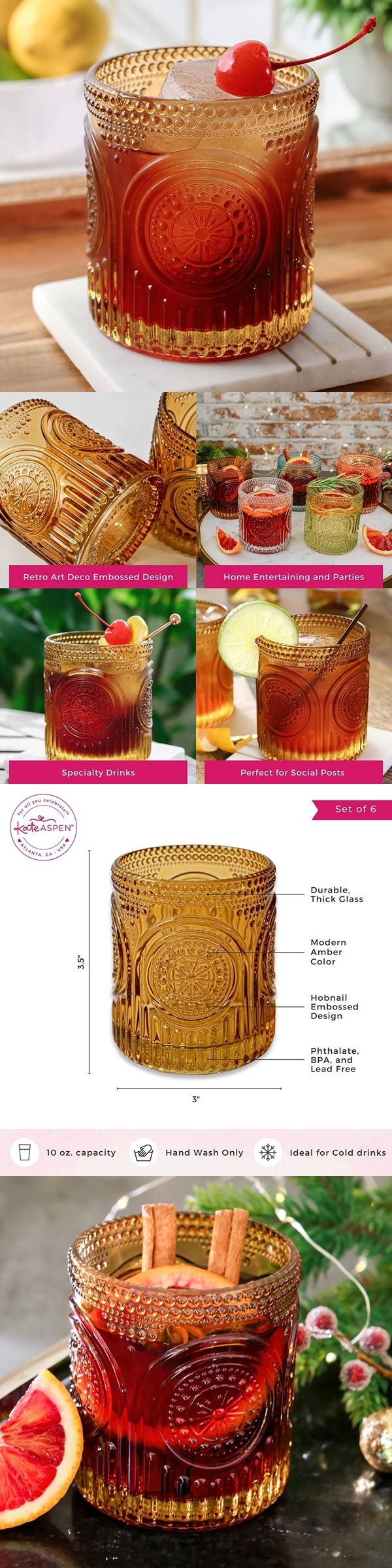 Kate Aspen 10oz Retro Arch Floral Ribbed Amber Glassware (Set of 6)
