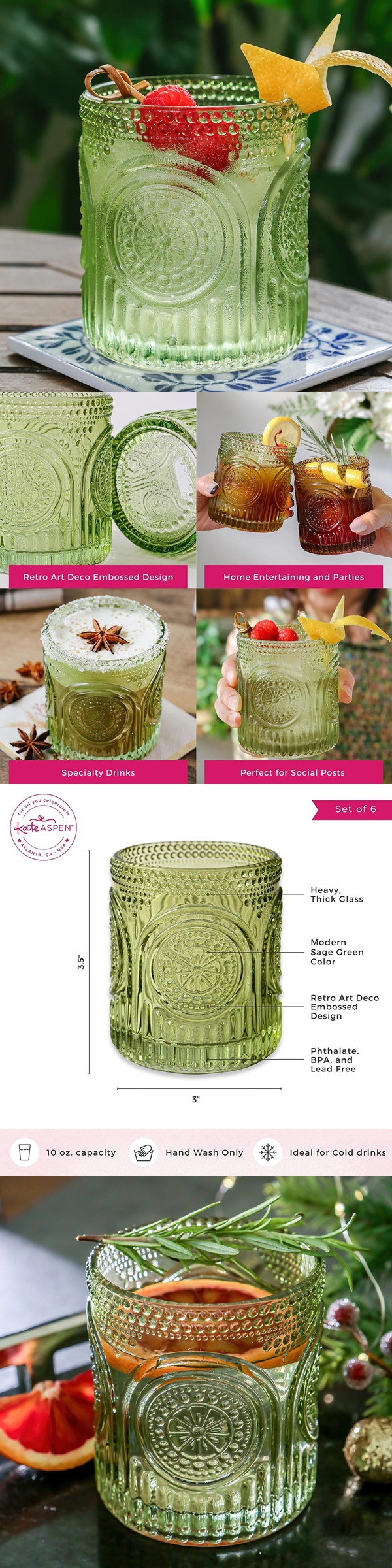 Kate Aspen 10oz Retro Arch Floral Ribbed Green Glassware (Set of 6)