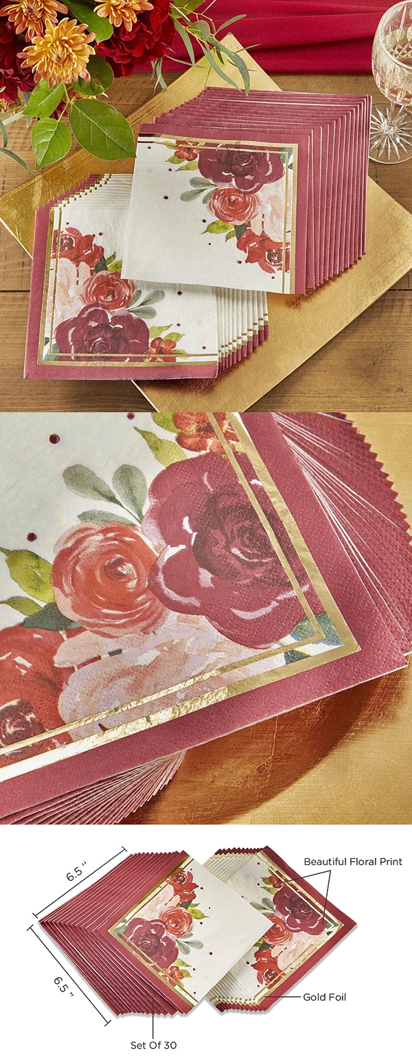 Kate Aspen Burgundy Blush Floral Print 2 Ply Paper Napkins (Set of 30)