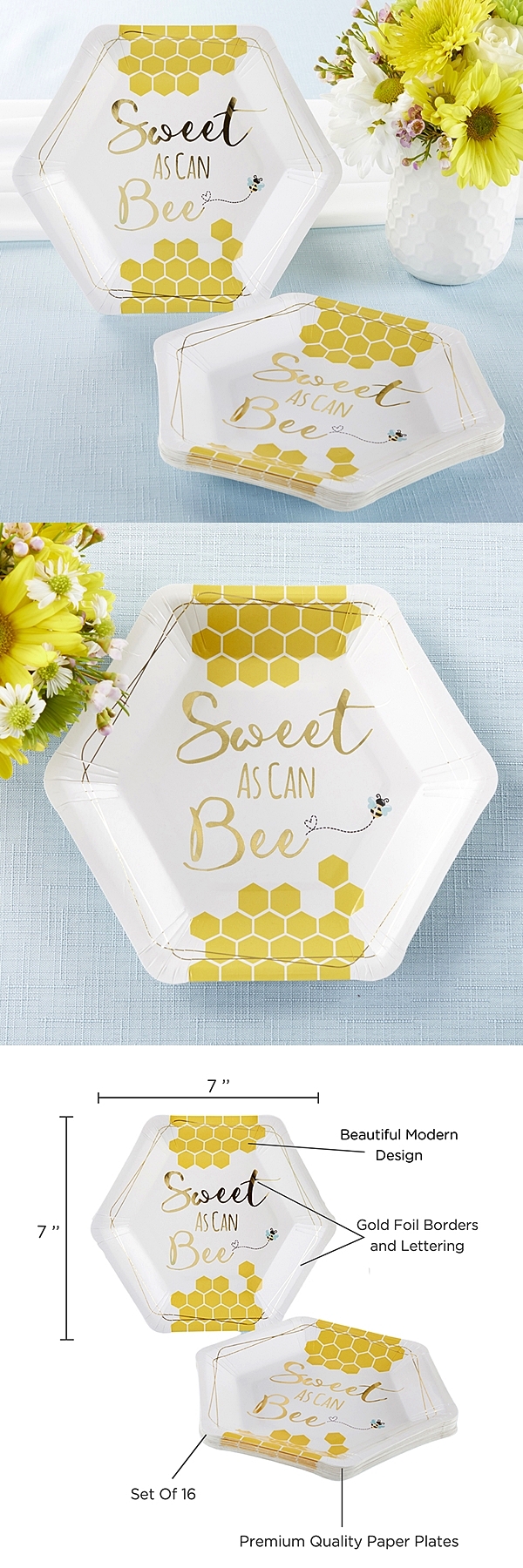 Kate Aspen Sweet As Can Bee 7 in. Premium Paper Plates (Set of 16)