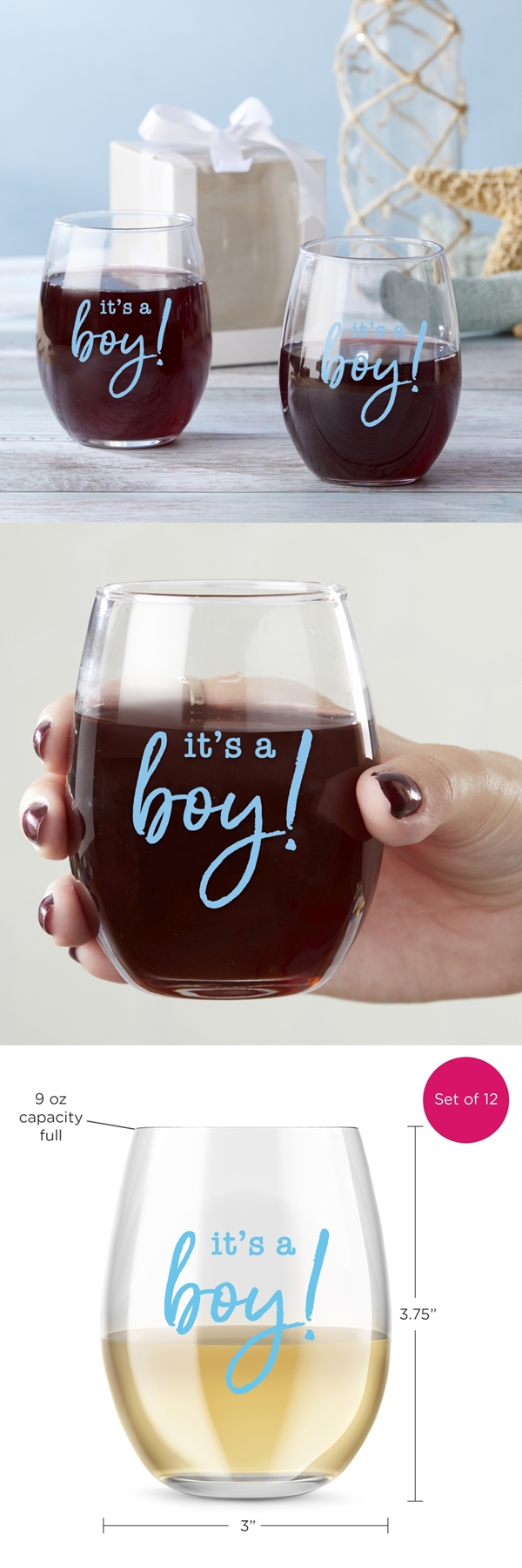 Gender Reveal Party It's a Boy! 9oz Stemless Wine Glasses (Set of 12)