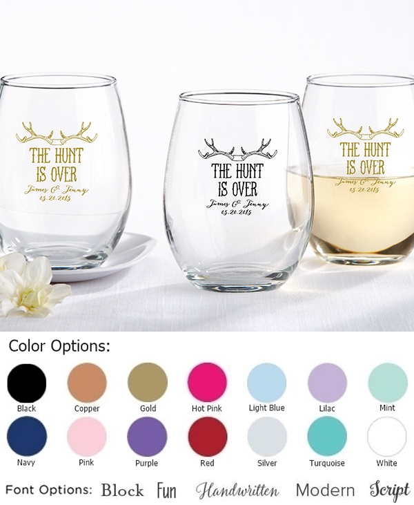 Personalized 'The Hunt is Over' Motif 9 oz. Stemless Wine Glasses