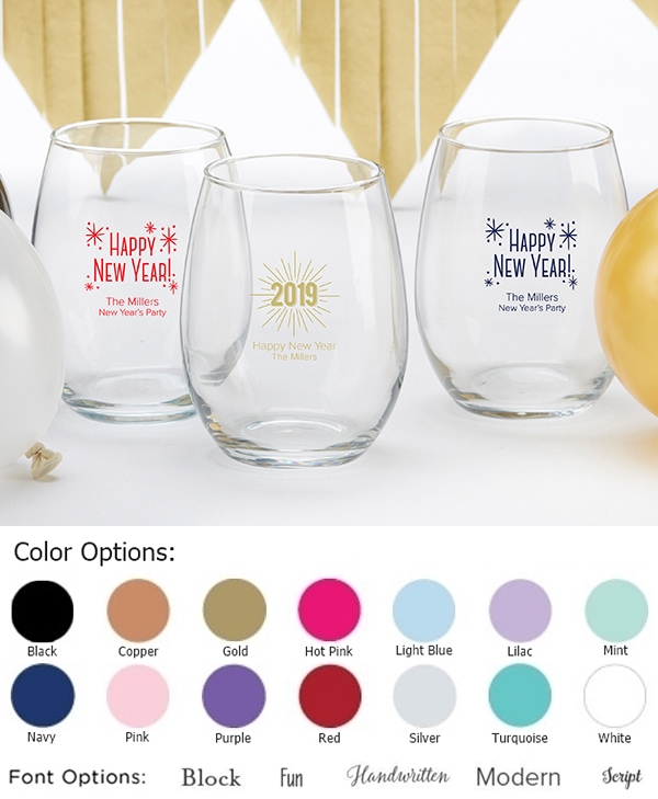 Kate Aspen Personalized Happy New Year's 9 oz. Stemless Wine Glasses
