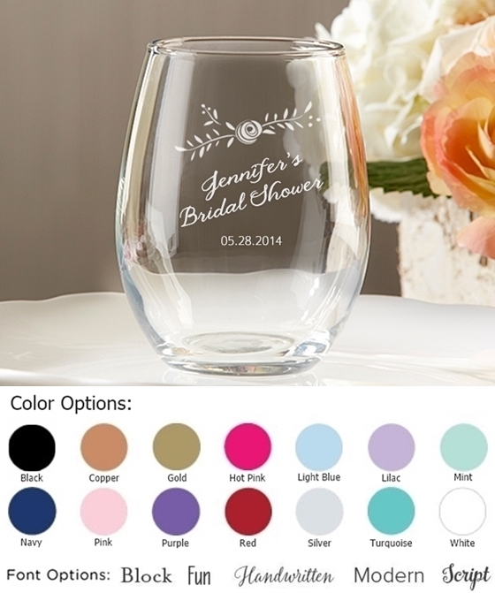 Rustic Bridal Shower Personalized 9 oz. Stemless Wine Glasses