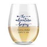 Personalized 15oz Adventure Begins Arrow Design Stemless Wine Glass